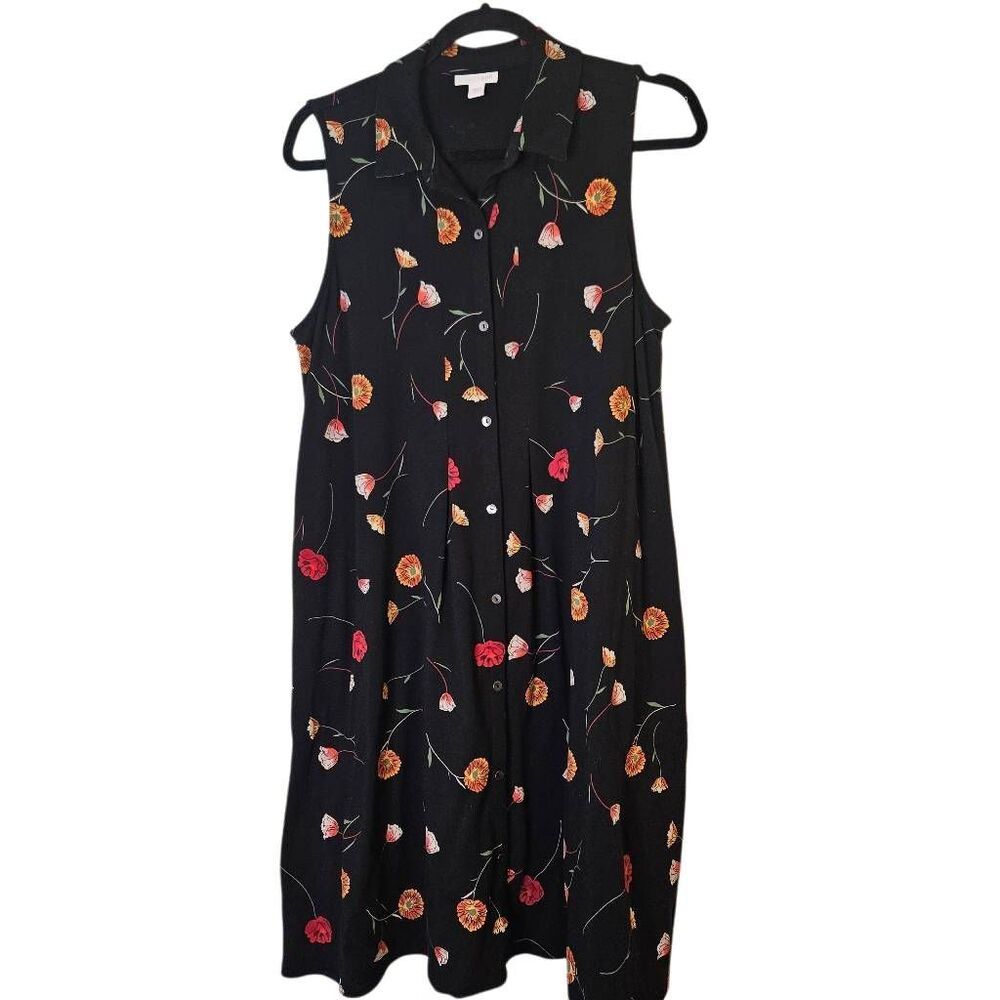 J. Jill Black Sleeveless Midi Dress with Red & Orange Floral Print
